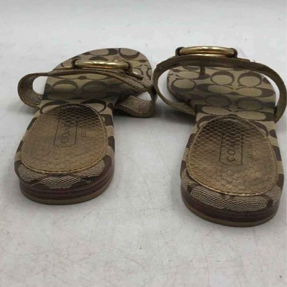 Coach Designer MONOGRAM TStrap Sandals with Logo Pattern / Brown & Gold - Size 9 - Picture 5 of 7